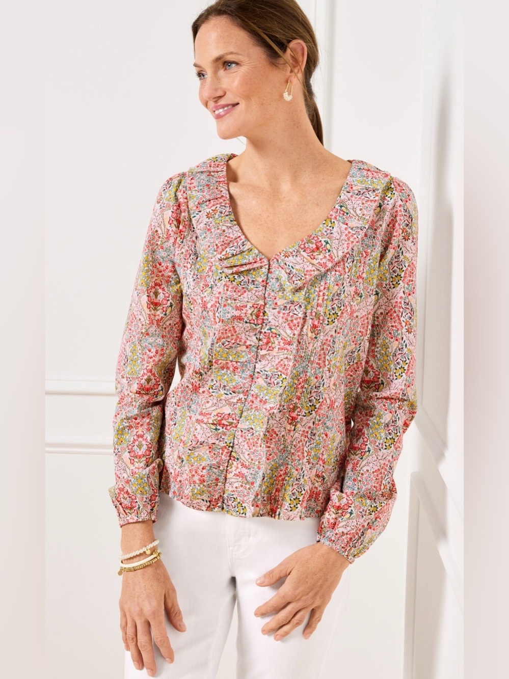 Talbots Pintuck Ruffle Top Branching Floral Size 1XP Petite Plus 100% Cotton